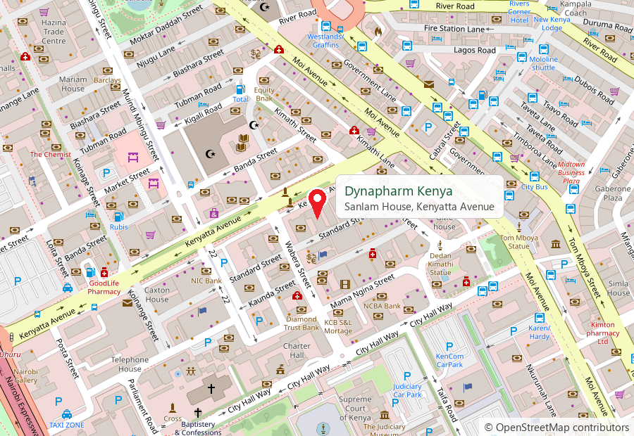 Street map showing the Dynapharm Kenya office at Sanlam House, 3rd Floor, Nairobi 00200, Kenya